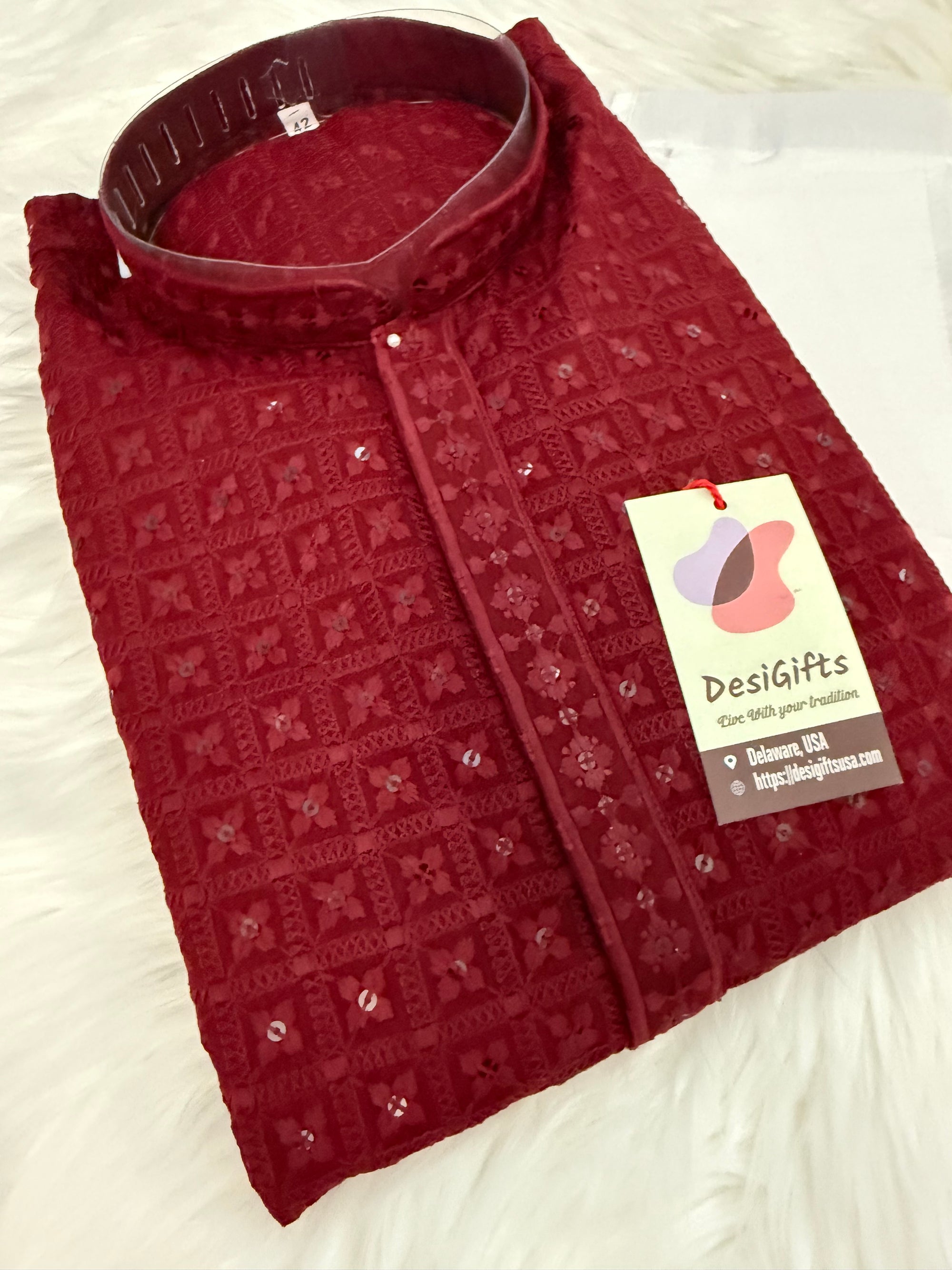 Chikankari Embroidery with Sequins Work 2 Piece Kurta Pajama Set for Man in Red Maroon Shade, KP - 1701