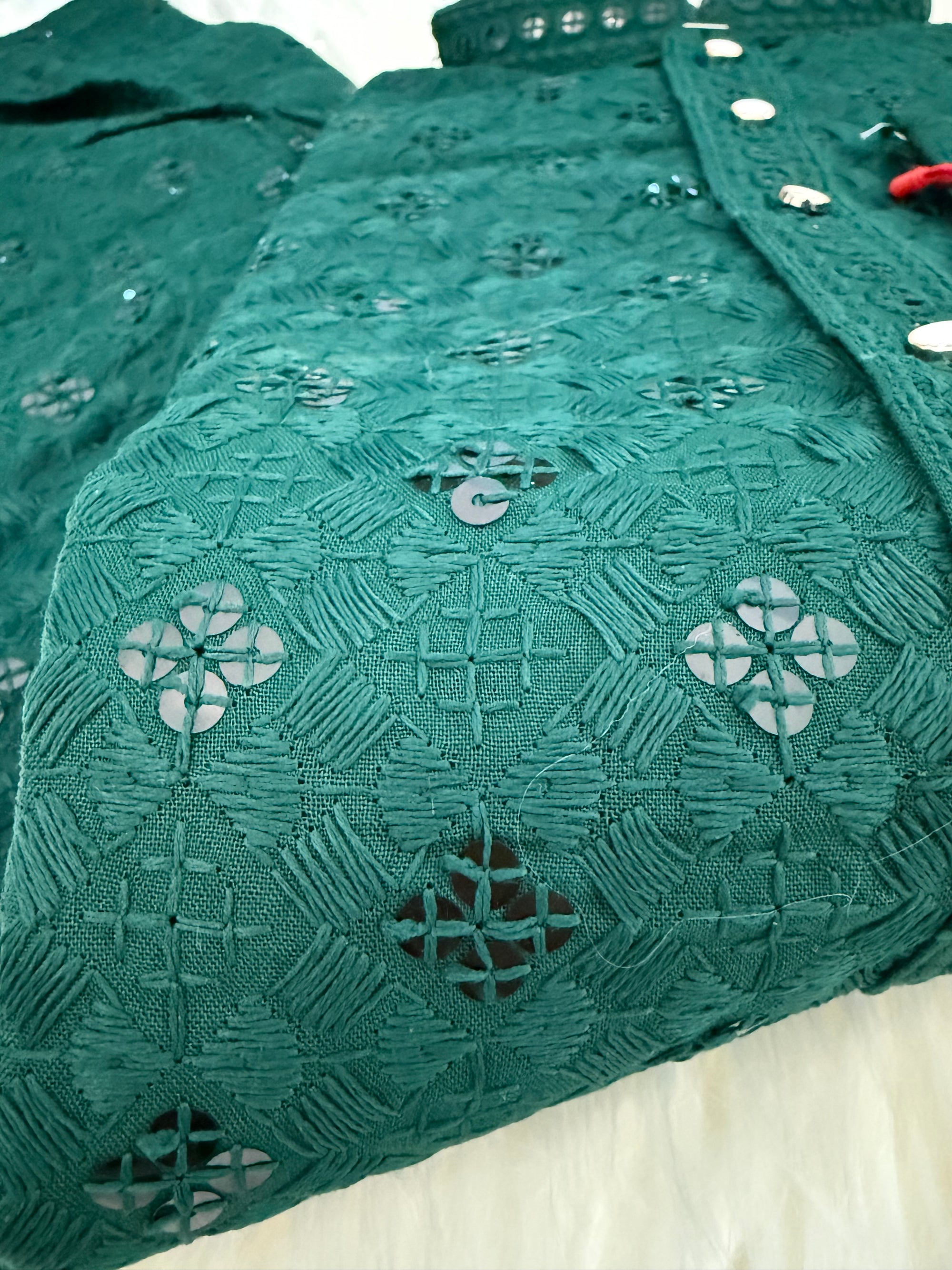 Bottle Green Shade Chikankari Embroidery with Sequins 2 Piece Viscose Kurta Pajama Set, KP-1706