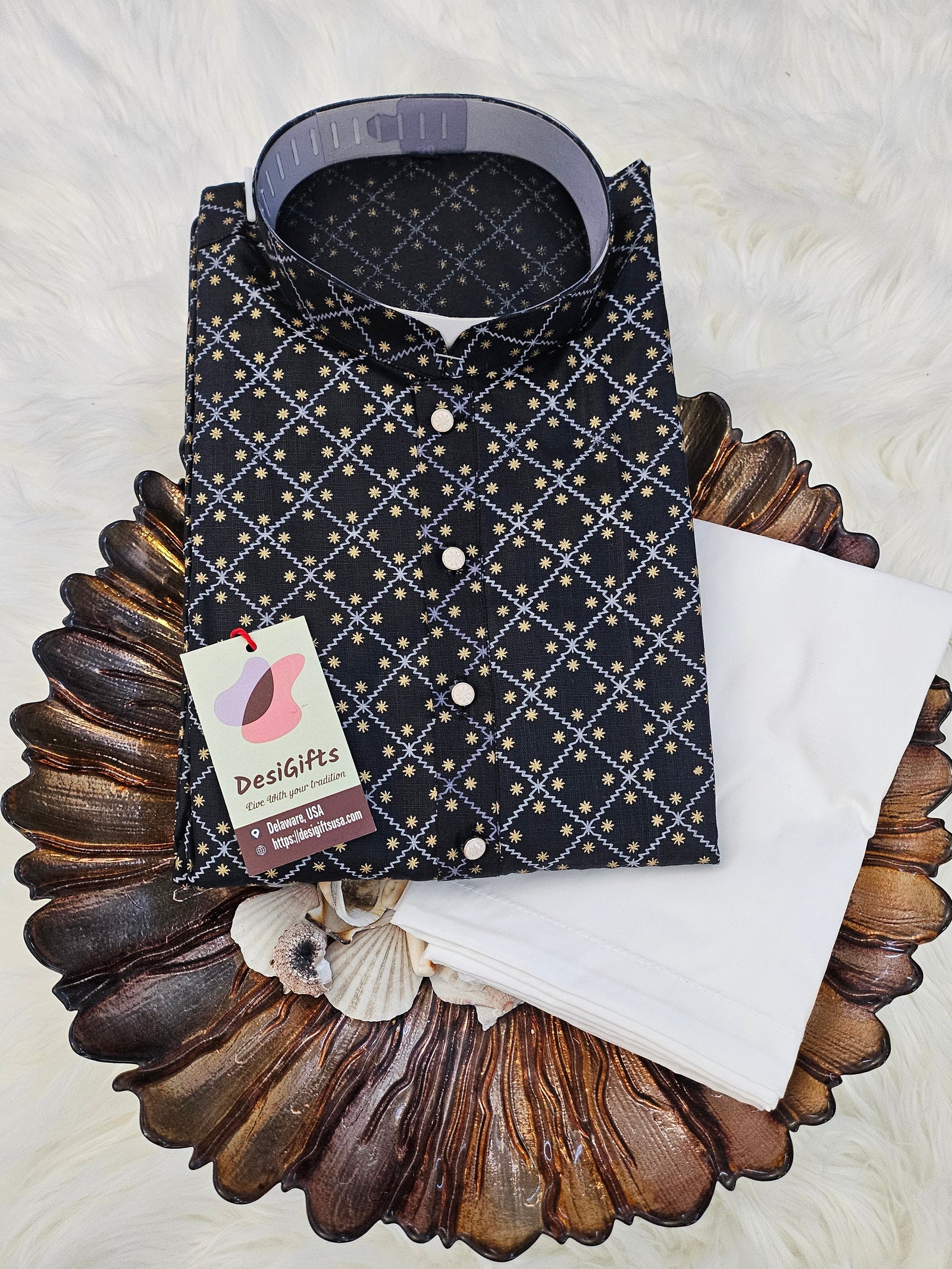 Black Shade with Checkerboard Design  2 Piece Cotton Kurta Pajama Set, Man -1711