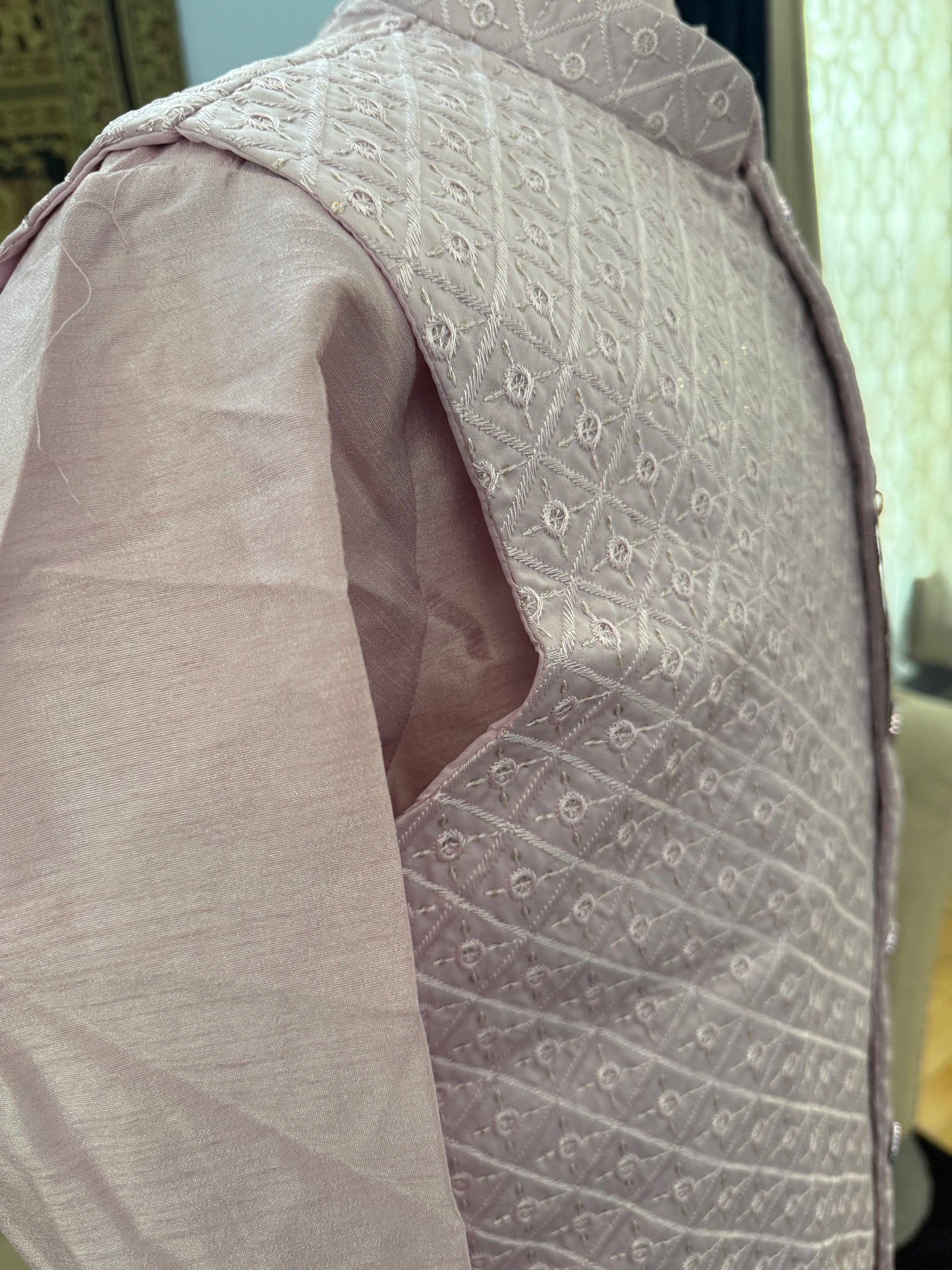 Light Purple Shade 3 Piece Kurta Pajama, Pant Style, with Embroidered Sequins Jacket Set-Silk Fabric, JKP- 1922