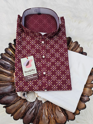 Maroon Shade with Checkerboard Design  2 Piece Cotton Kurta Pajama Set, Man -1712