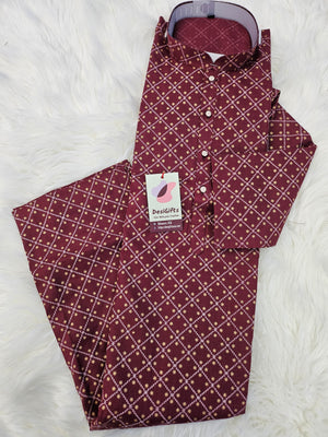 Maroon Shade with Checkerboard Design  2 Piece Cotton Kurta Pajama Set, Man -1712