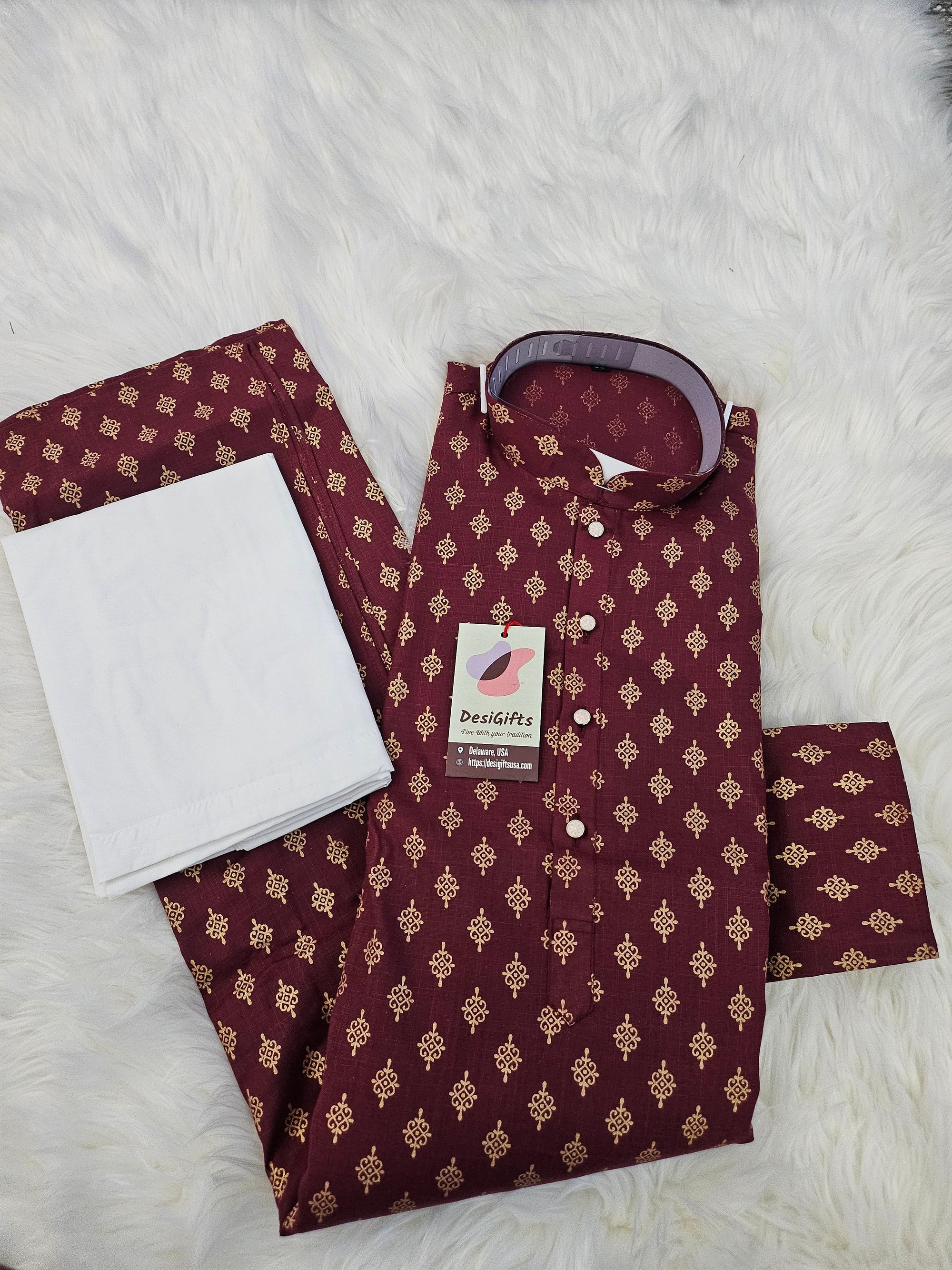 Maroon Shade with Golden Buty 2 Piece Cotton Kurta Pajama Set, Man -1713