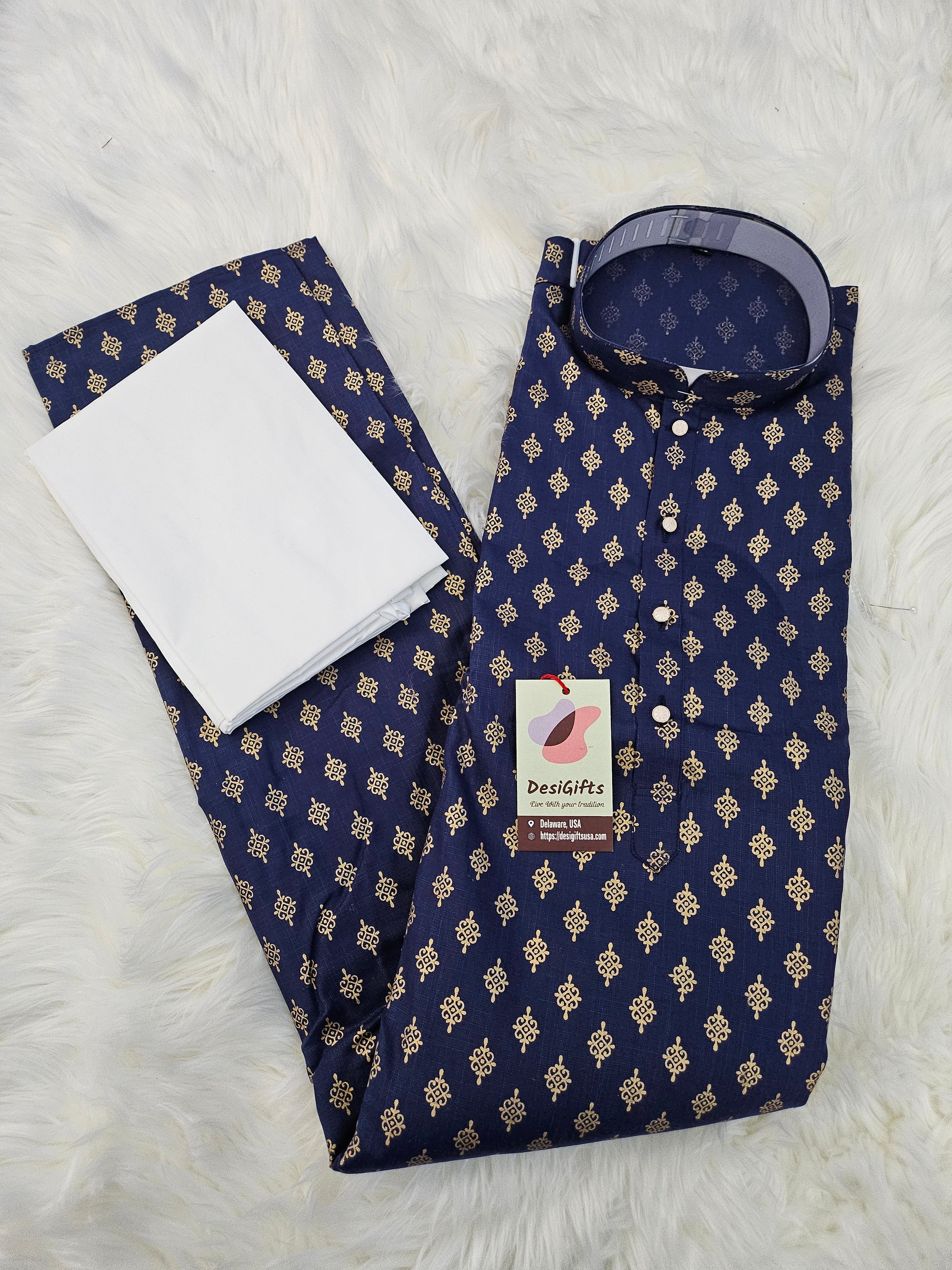 Navy Blue Shade with Golden Buty 2 Piece Cotton Kurta Pajama Set, KP-1714