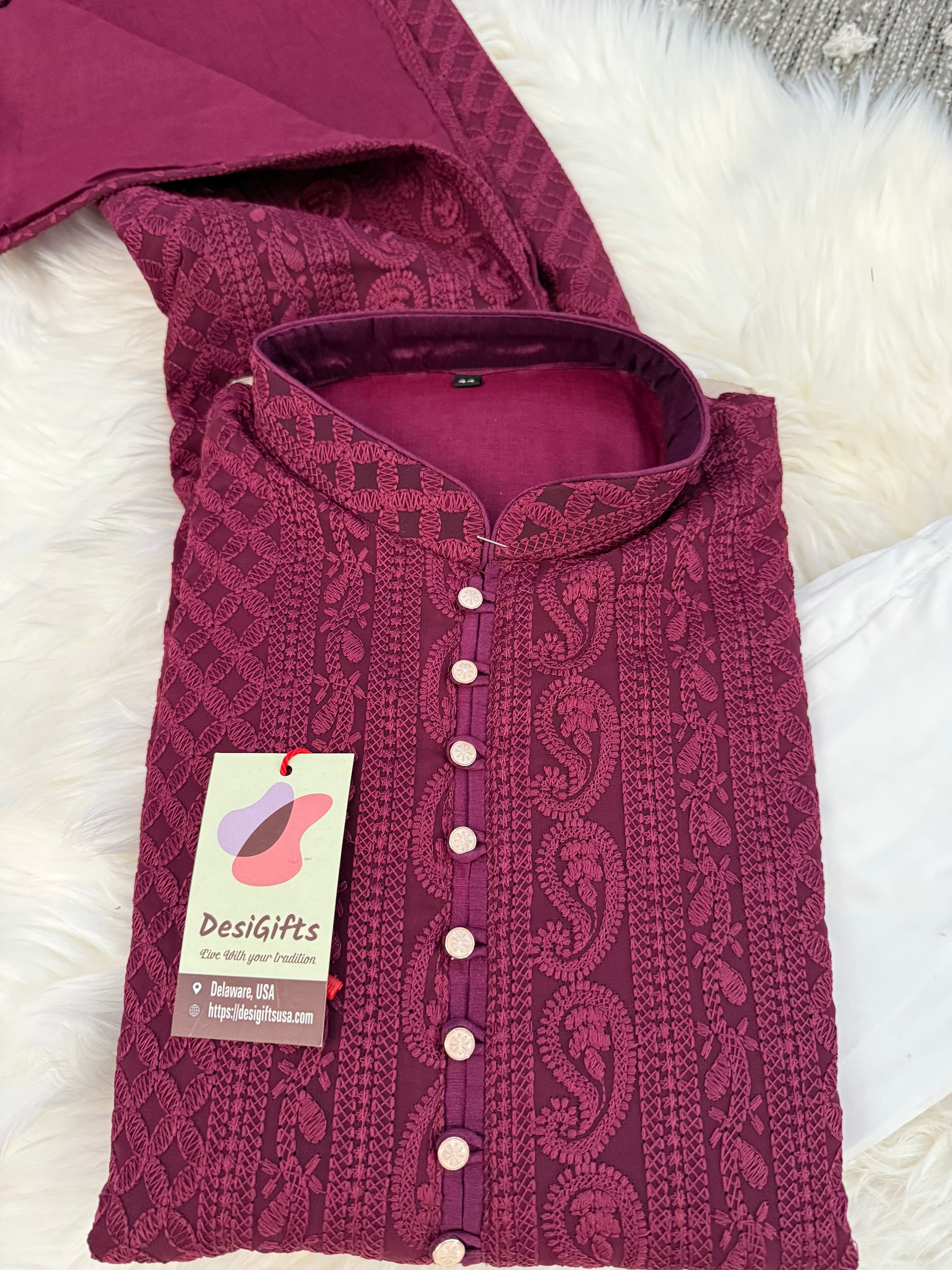 Ruby Red Maroon Shade Chikankari Embroidered Georgette 2 Piece Kurta Pajama Set, Indian Party Wear Kura, KP-1715