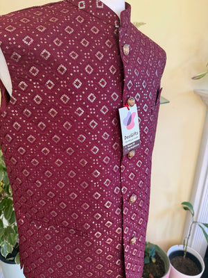 Upscale Jacket / Waistcoat / Sadri for Man with Intricate Embroidery & Sequins, Maroon Shade Nehru Jacket, Man's Jacket - 1723