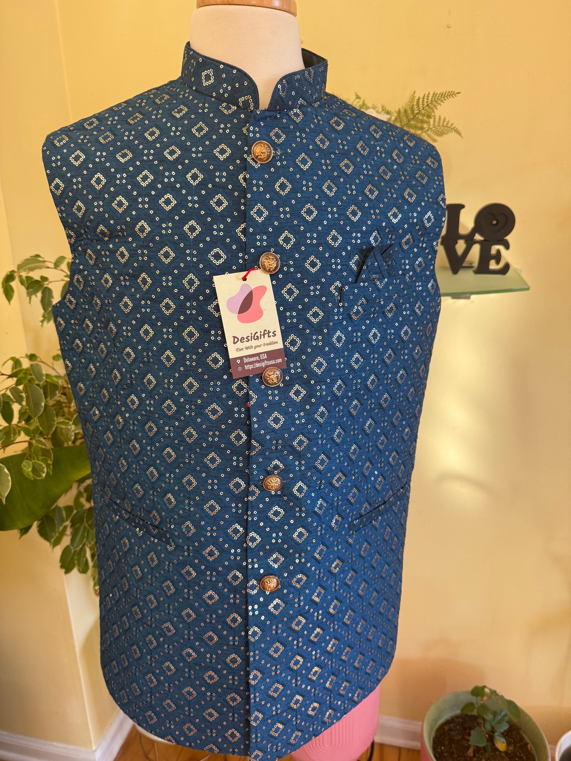 Upscale Jacket / Waistcoat / Sadri for Man with Intricate Embroidery & Sequins, Bright Blue Shade Nehru Jacket, Man's Jacket - 1724