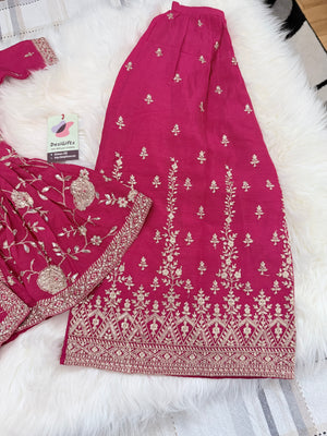 Girls Rani Pink Embroidered Sharara Suit Set with Dupatta, Indian Ethnic Party Wear for Weddings & Festivals,GRL-3002