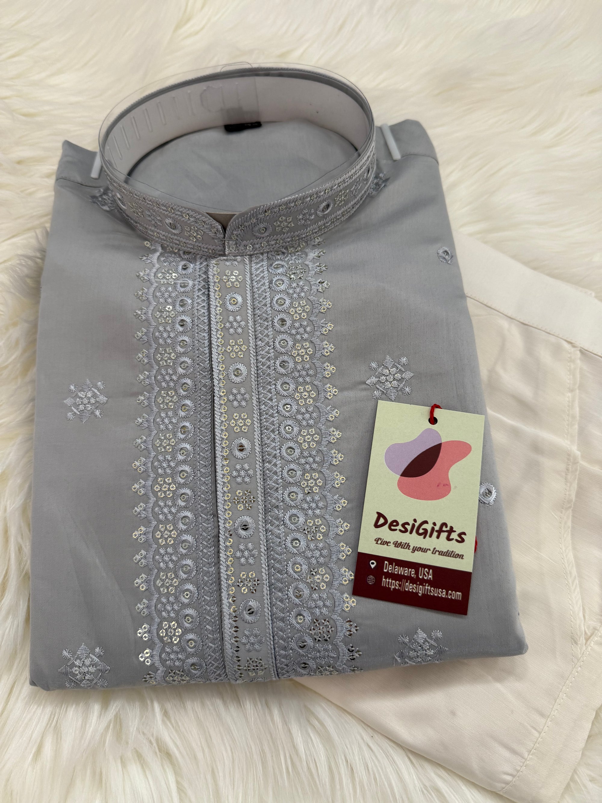 Aesthetic Embroidered Soft Silk Gray Kurta Pajama Set for for Man, Festive Kurta Trouser Style Pant, KP - 1738