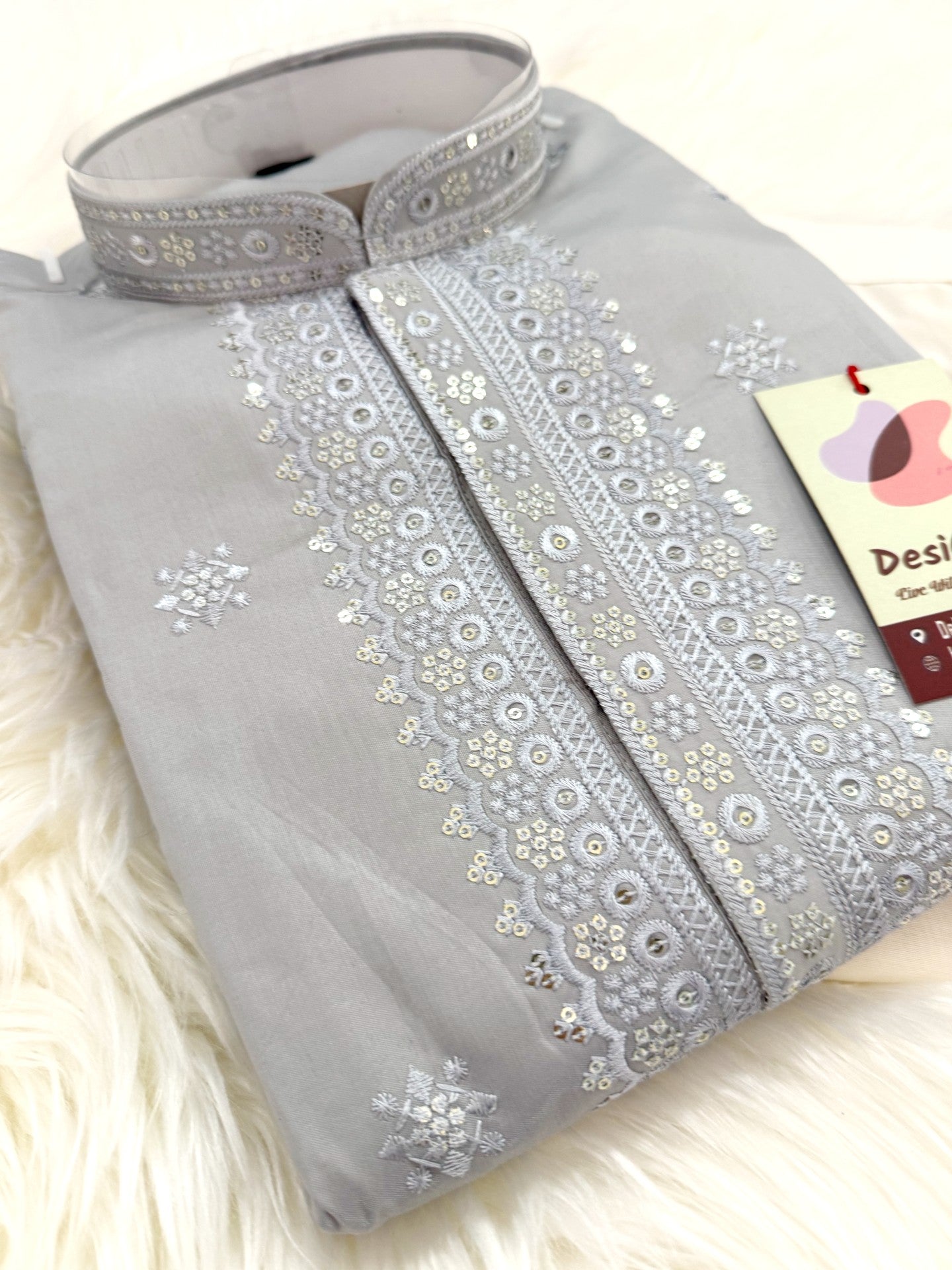 Aesthetic Embroidered Soft Silk Gray Kurta Pajama Set for for Man, Festive Kurta Trouser Style Pant, KP - 1738