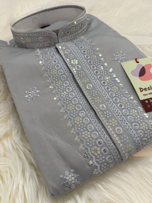 Aesthetic Embroidered Soft Silk Gray Kurta Pajama Set for for Man, Festive Kurta Trouser Style Pant, KP - 1738