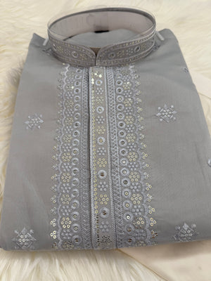 Aesthetic Embroidered Soft Silk Gray Kurta Pajama Set for for Man, Festive Kurta Trouser Style Pant, KP - 1738