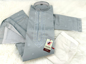Aesthetic Embroidered Soft Silk Gray Kurta Pajama Set for for Man, Festive Kurta Trouser Style Pant, KP - 1738