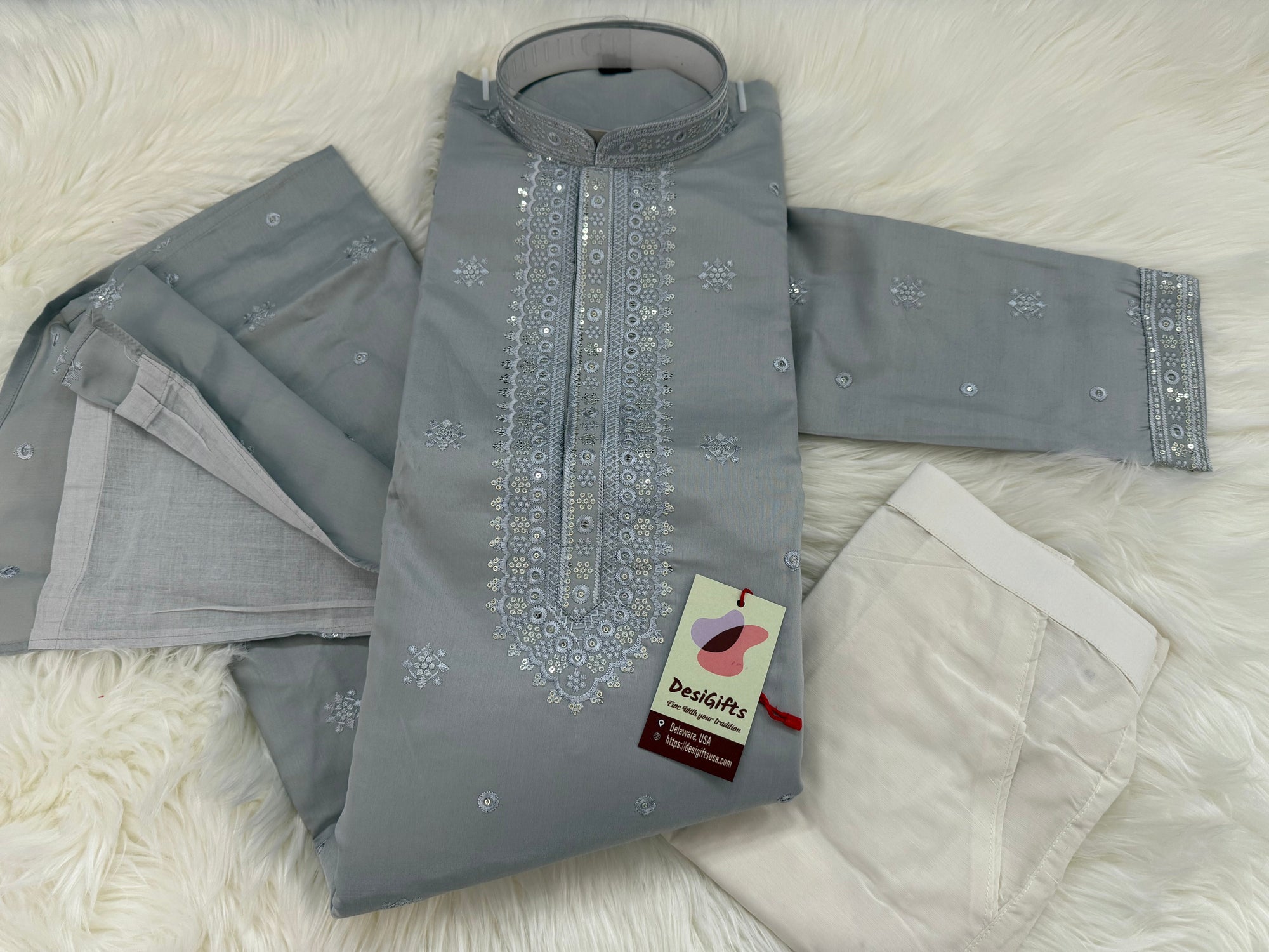 Aesthetic Embroidered Soft Silk Gray Kurta Pajama Set for for Man, Festive Kurta Trouser Style Pant, KP - 1738