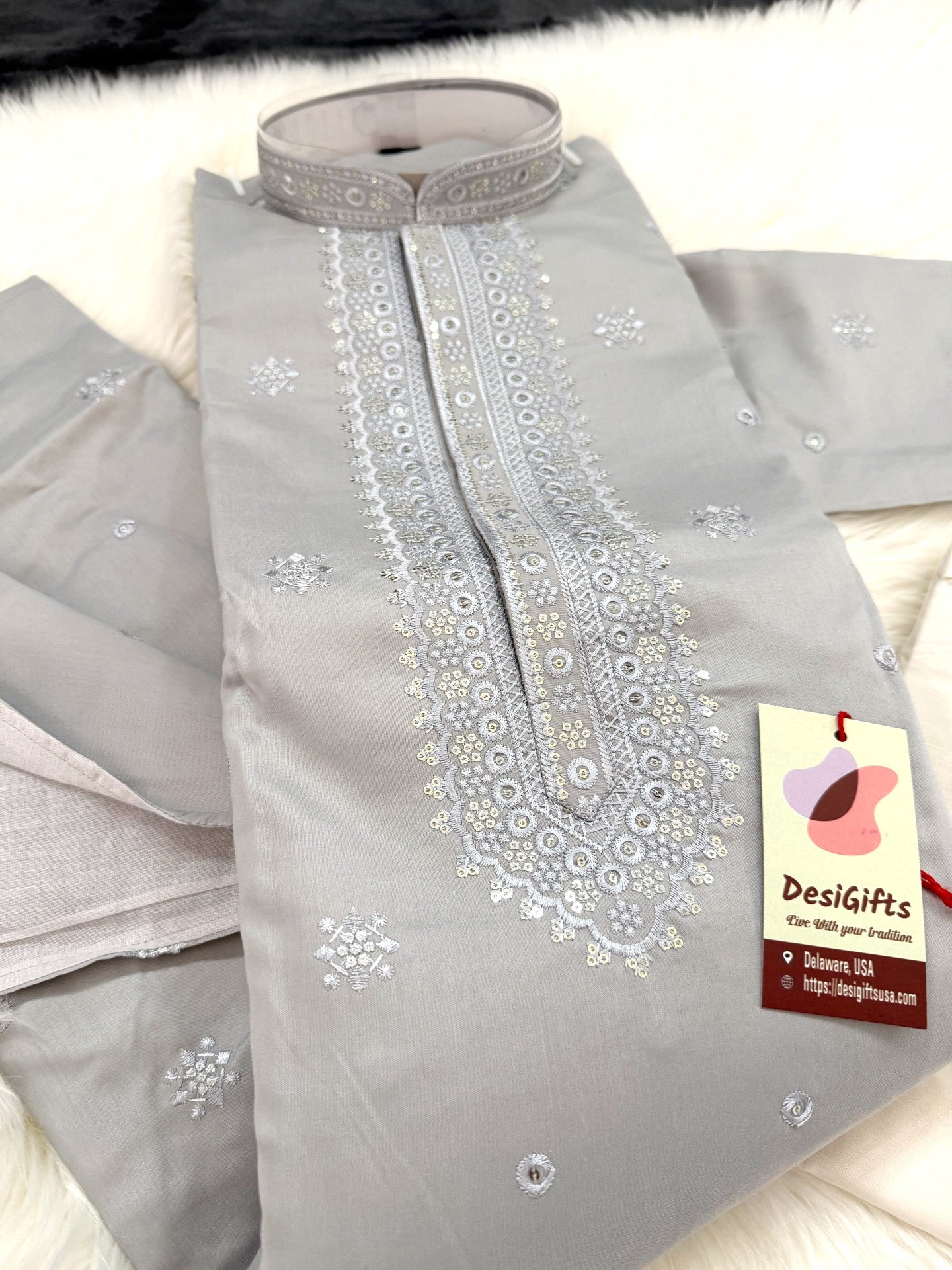 Aesthetic Embroidered Soft Silk Gray Kurta Pajama Set for for Man, Festive Kurta Trouser Style Pant, KP - 1738