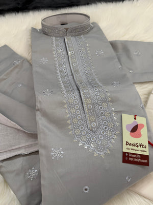 Aesthetic Embroidered Soft Silk Gray Kurta Pajama Set for for Man, Festive Kurta Trouser Style Pant, KP - 1738