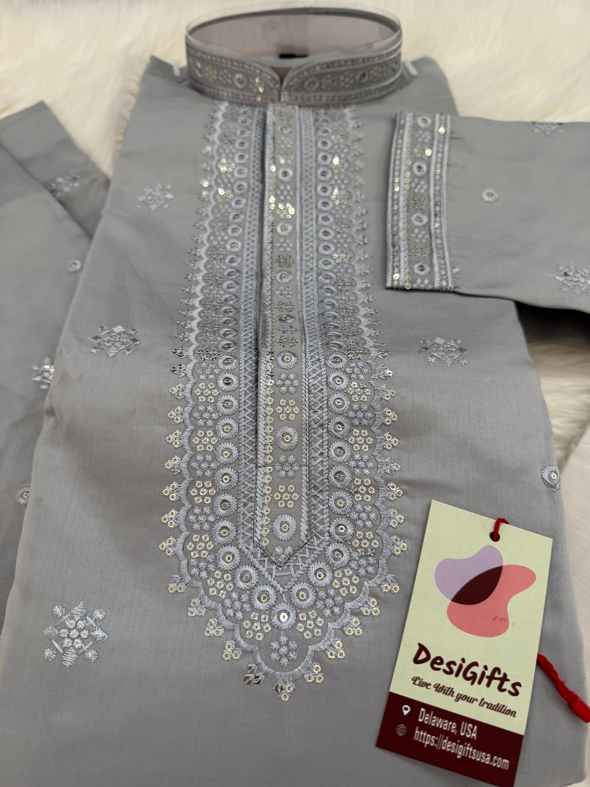 Aesthetic Embroidered Soft Silk Gray Kurta Pajama Set for for Man, Festive Kurta Trouser Style Pant, KP - 1738