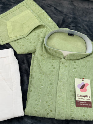 Embroidery Sequins Kurta Pajama Set for Man, Tea Green Shade with Cotton Linen, Party Man's Wear, Plus Size, KP - 1744