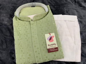 Embroidery Sequins Kurta Pajama Set for Man, Tea Green Shade with Cotton Linen, Party Man's Wear, Plus Size, KP - 1744