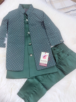 Boy's Pine Green Shade Cotton Silk 3 Piece Indo Western Outfit,  Embroidered  Sequins Long Jacket with Pant , Boy's Sherwani Dress - B-3051