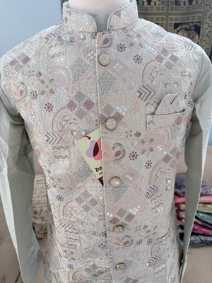 Men’s Pale Sage Green 3-Piece Kurta Pajama with Premium Embroidered Jacket, Wedding & Festive Ethnic Wear, KPJ-3078
