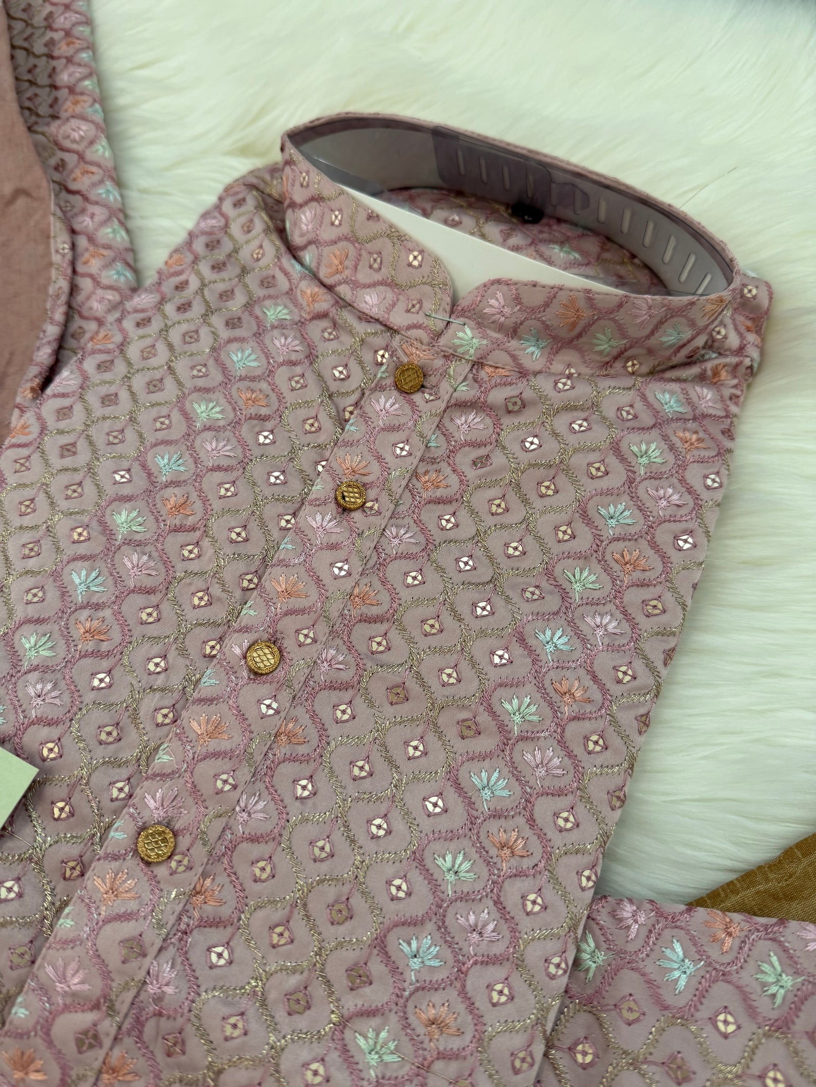 Size 38, Festive Silk Thread Embroidered, Kurta Pajama Set, Wedding Wear 2 Piece Kurta Pajama (Trouser) with Cotton Linen Set for Man, KP - 1755