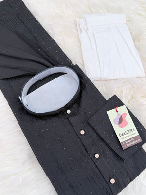 Men’s Black Sequins Embroidered Kurta Pajama Set – Indian Wedding & Partywear Traditional 2PC Outfit, Size 58 , 5XL, KP-2023