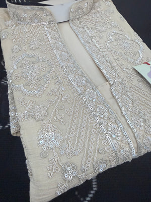 Men’s Champagne Beige Embroidered Kurta with with Parallel Pants | Textured Silk Blend Wedding Kurta Pajama Set | Festive Indian Ethnic Wear, KP - 4046