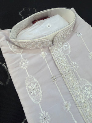 Men’s Embroidered Pastel Purple Kurta Pajama Set with Sequin Work, Indian Ethnic Wear for Wedding & Festival, KPS-3025