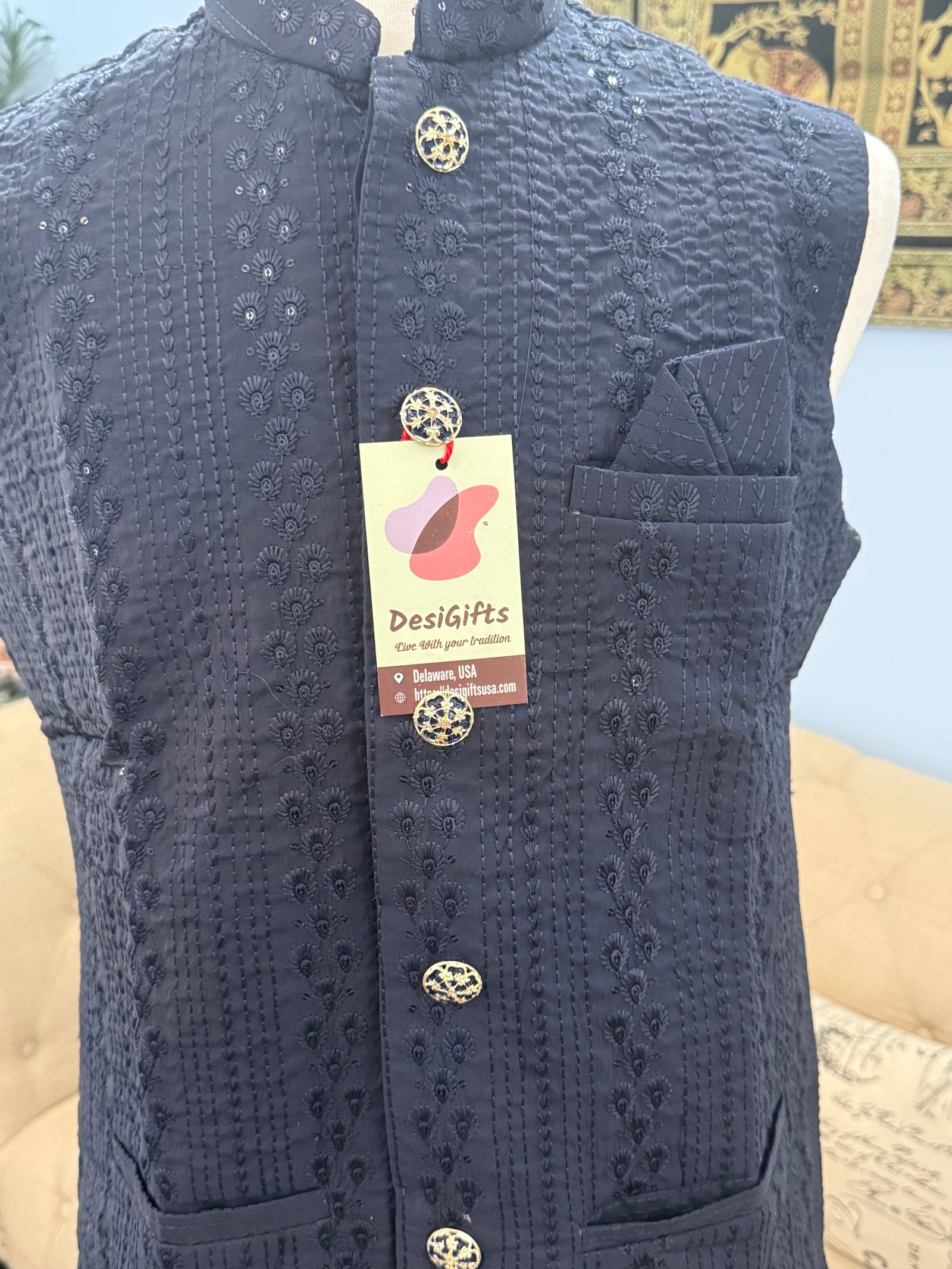 Premium Navy Blue Jacket for Men, Intricately Embroidered Indian Waistcoat, Sadri with Sequins | Stylish Ethnic Jacket, J - 1795