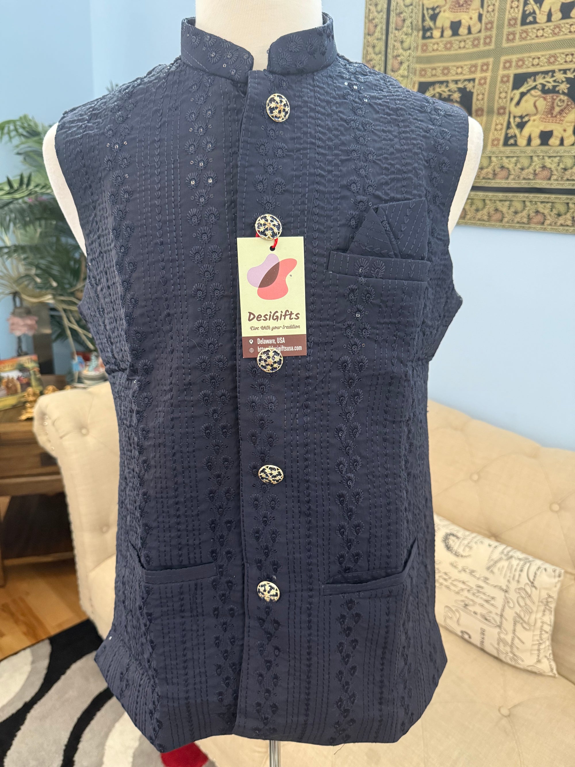 Premium Navy Blue Jacket for Men, Intricately Embroidered Indian Waistcoat, Sadri with Sequins | Stylish Ethnic Jacket, J - 1795