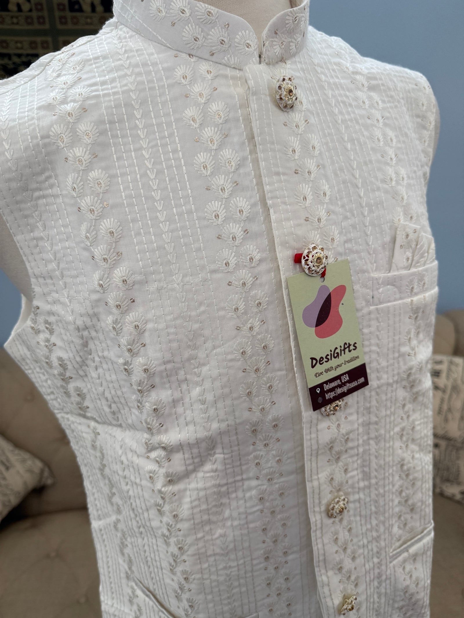 Exquisite White Embroidered Indian Waistcoat, Jacket, Sadri with Sequins | Elegant Men’s Ethnic Jackets Jacket, J - 1796