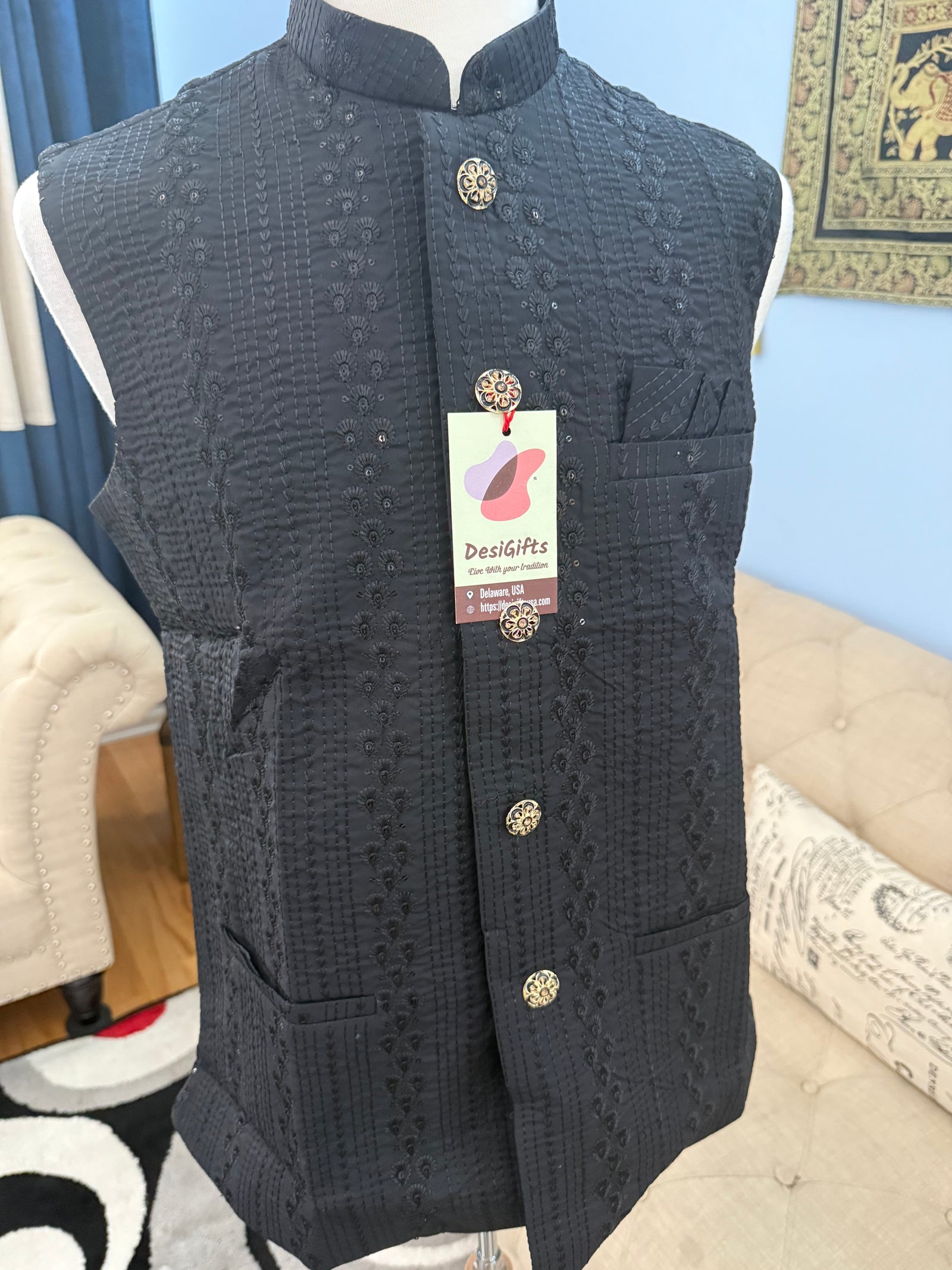 Classy Black Jacket for Men, Intricately Embroidered Indian Waistcoat, Sadri with Sequins | Stylish Ethnic Jacket, J - 1797