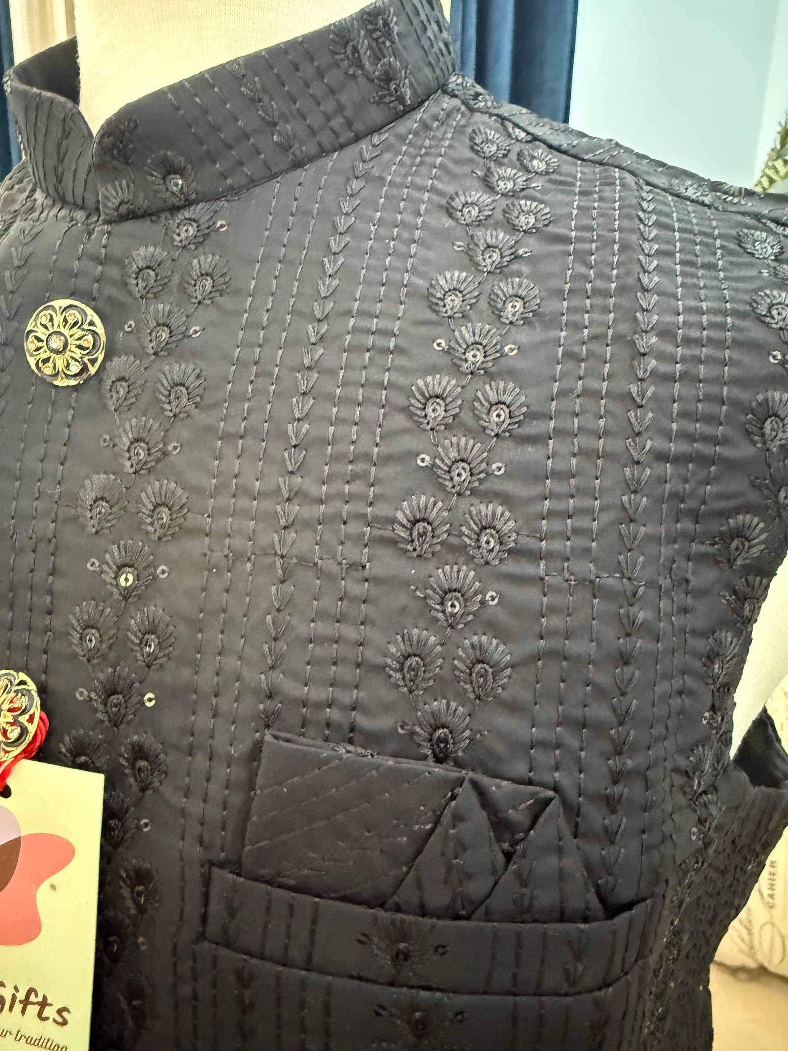 Classy Black Jacket for Men, Intricately Embroidered Indian Waistcoat, Sadri with Sequins | Stylish Ethnic Jacket, J - 1797
