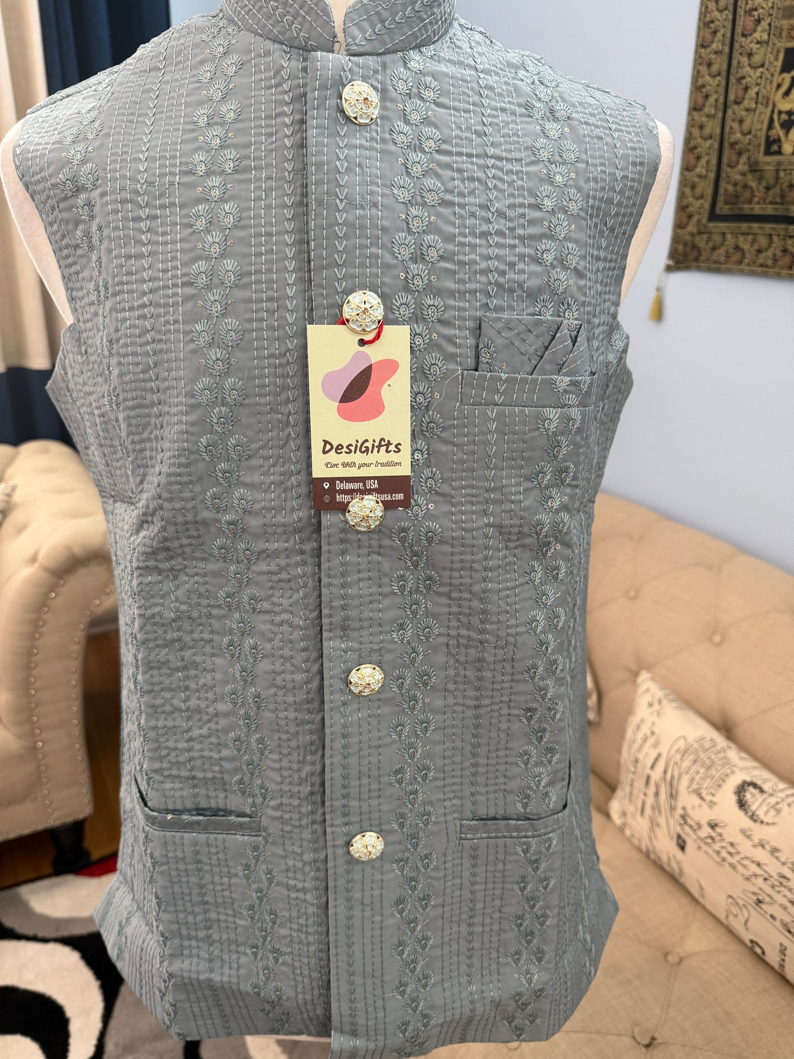 Sophisticated Men’s Jacket in Bluish Gray, Embroidered Indian Waistcoat, Sadri with Sequins for Weddings and Celebrations, J - 1798