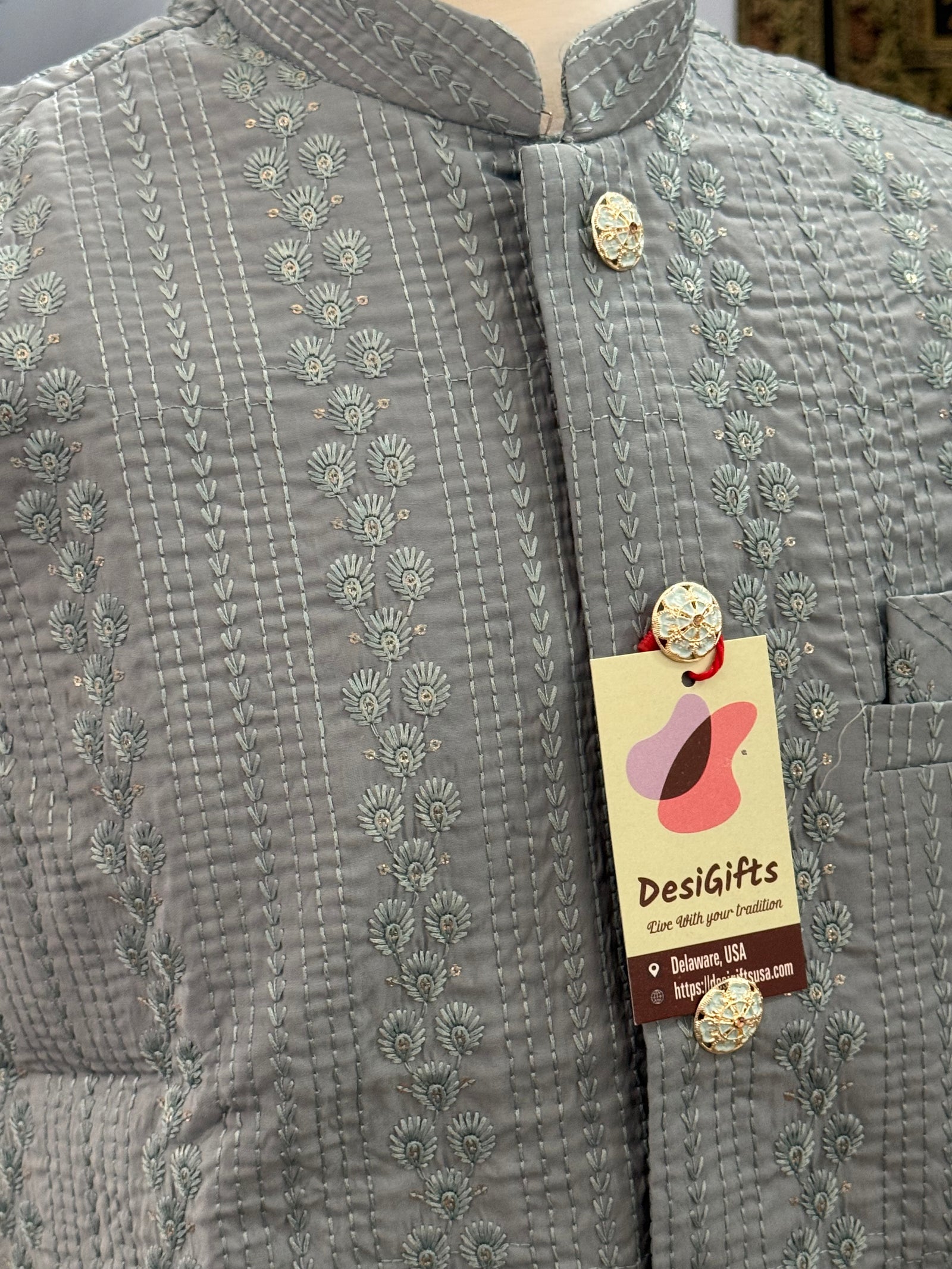 Sophisticated Men’s Jacket in Bluish Gray, Embroidered Indian Waistcoat, Sadri with Sequins for Weddings and Celebrations, J - 1798