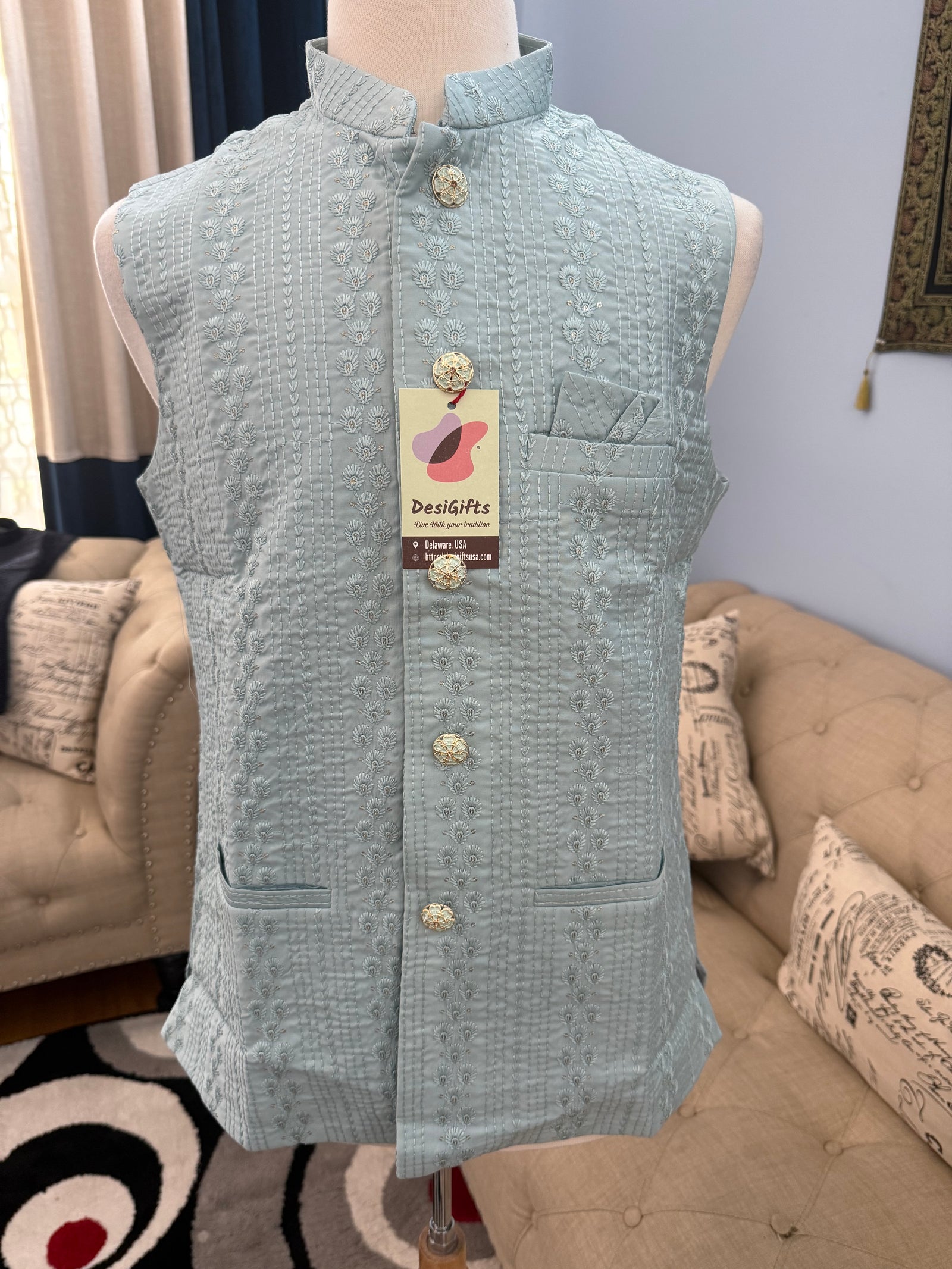 Opulent Skyblue Jacket for Men, Intricately Embroidered Indian Waistcoat, Sadri with Sequins | Stylish Ethnic Jacket, J - 1799