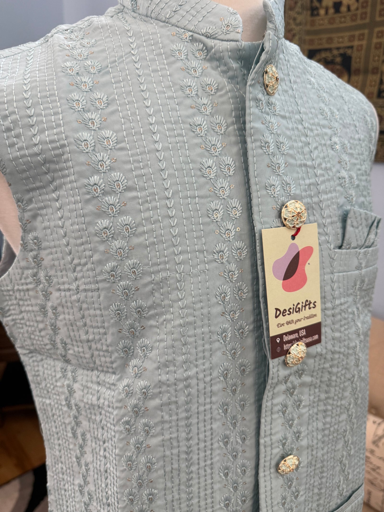 Opulent Skyblue Jacket for Men, Intricately Embroidered Indian Waistcoat, Sadri with Sequins | Stylish Ethnic Jacket, J - 1799