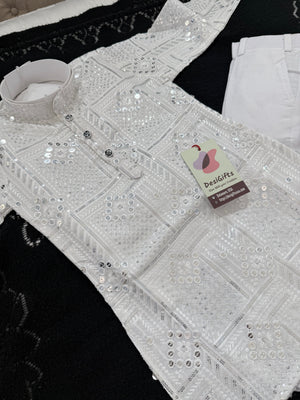 Boys’ Rayon Embroidery White Kurta Pajama Set with Sequins Work, Designer Ethnic Outfit for Kids Festive and Wedding Wear – BOY-2086