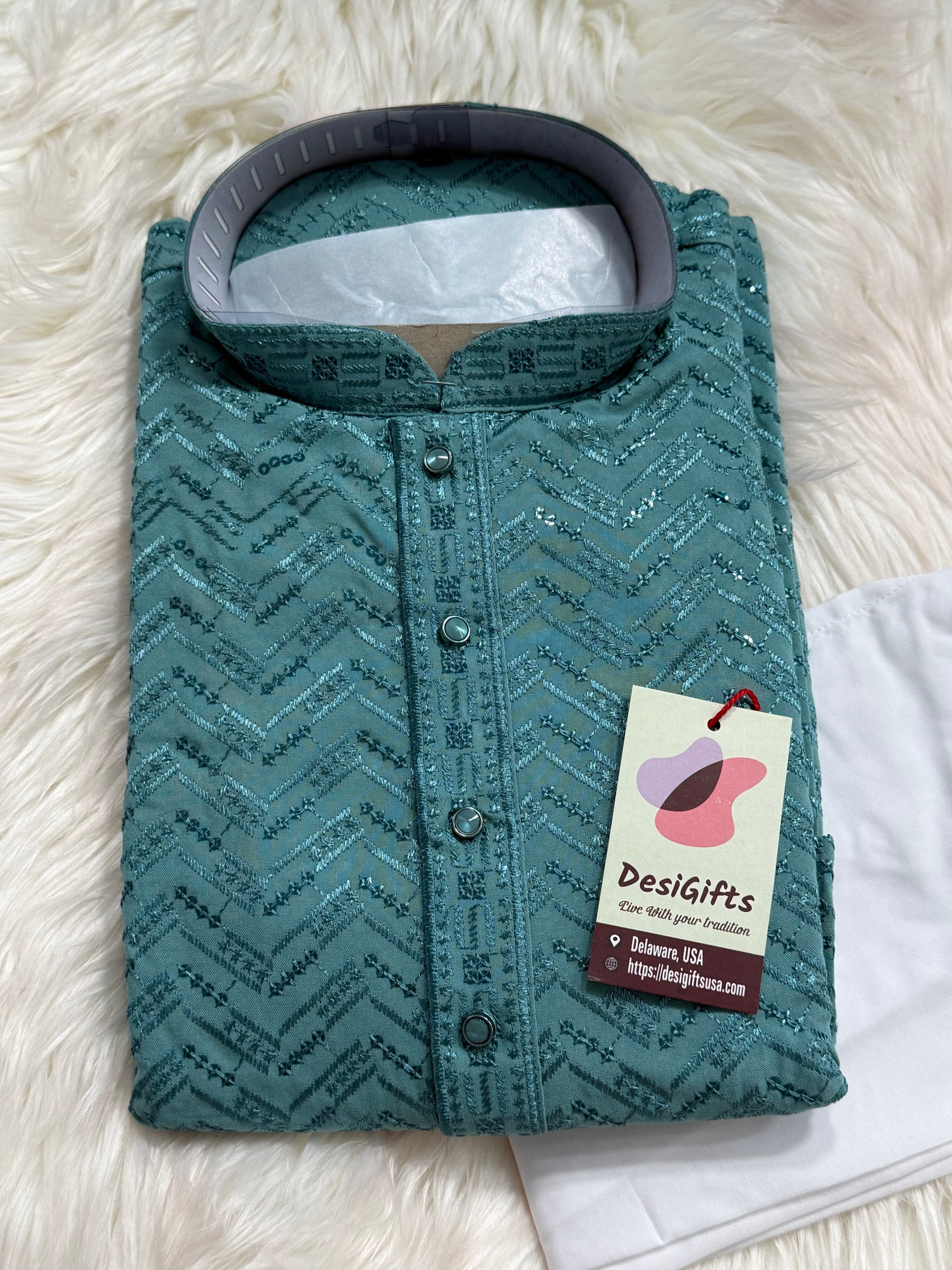 Sequins Work Chikankari Rayon 2 Piece Kurta Pajama Set in Teal Shade for Man, KP - 1804