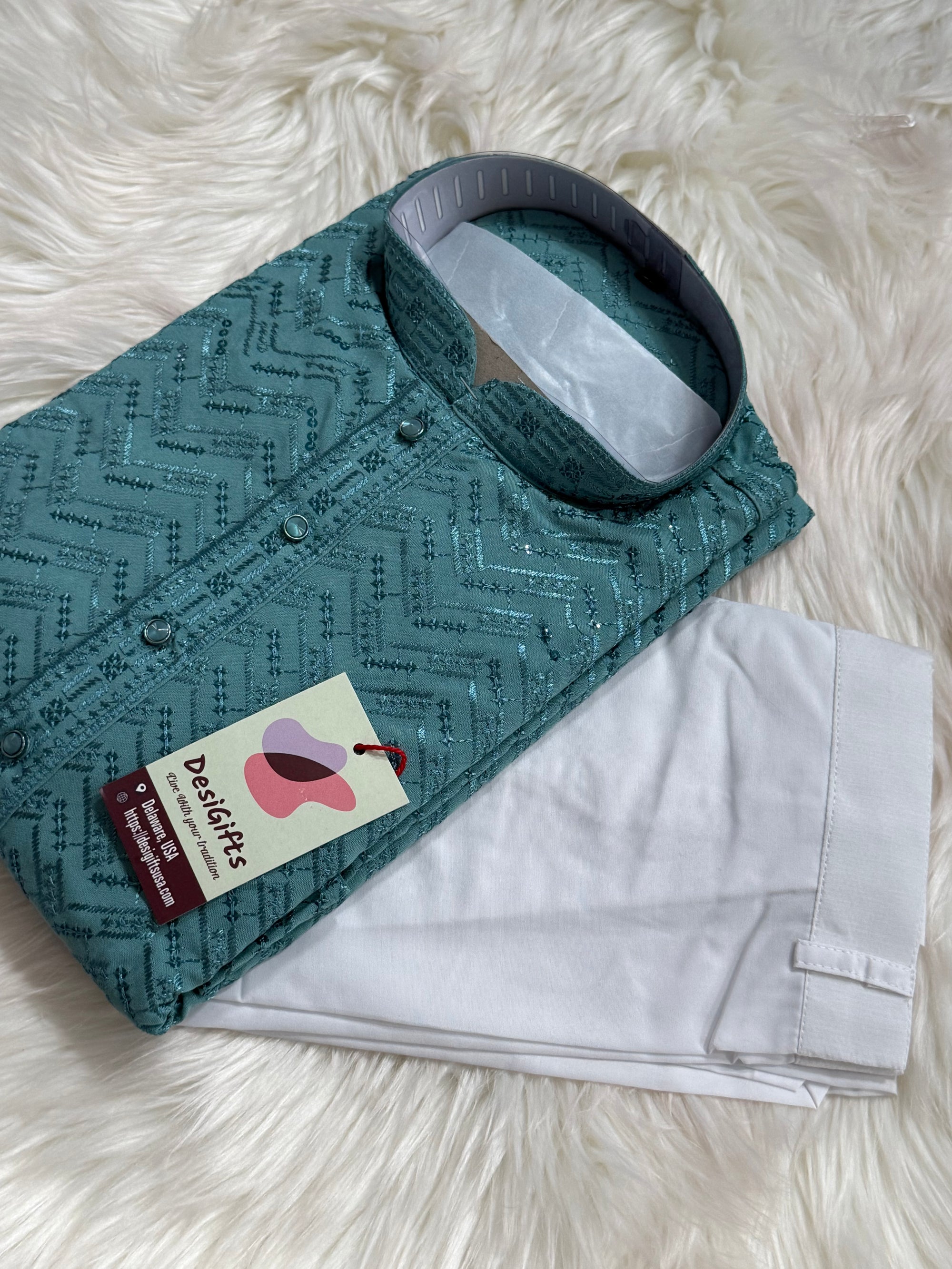 Sequins Work Chikankari Rayon 2 Piece Kurta Pajama Set in Teal Shade for Man, KP - 1804