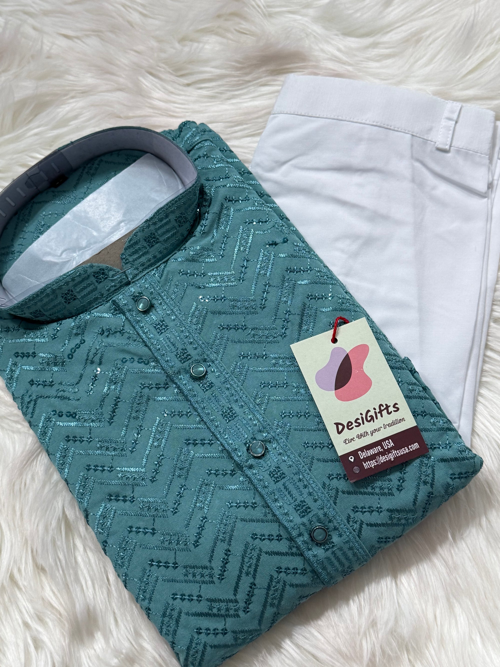 Sequins Work Chikankari Rayon 2 Piece Kurta Pajama Set in Teal Shade for Man, KP - 1804