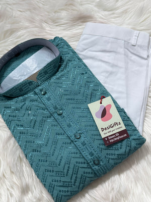 Sequins Work Chikankari Rayon 2 Piece Kurta Pajama Set in Teal Shade for Man, KP - 1804