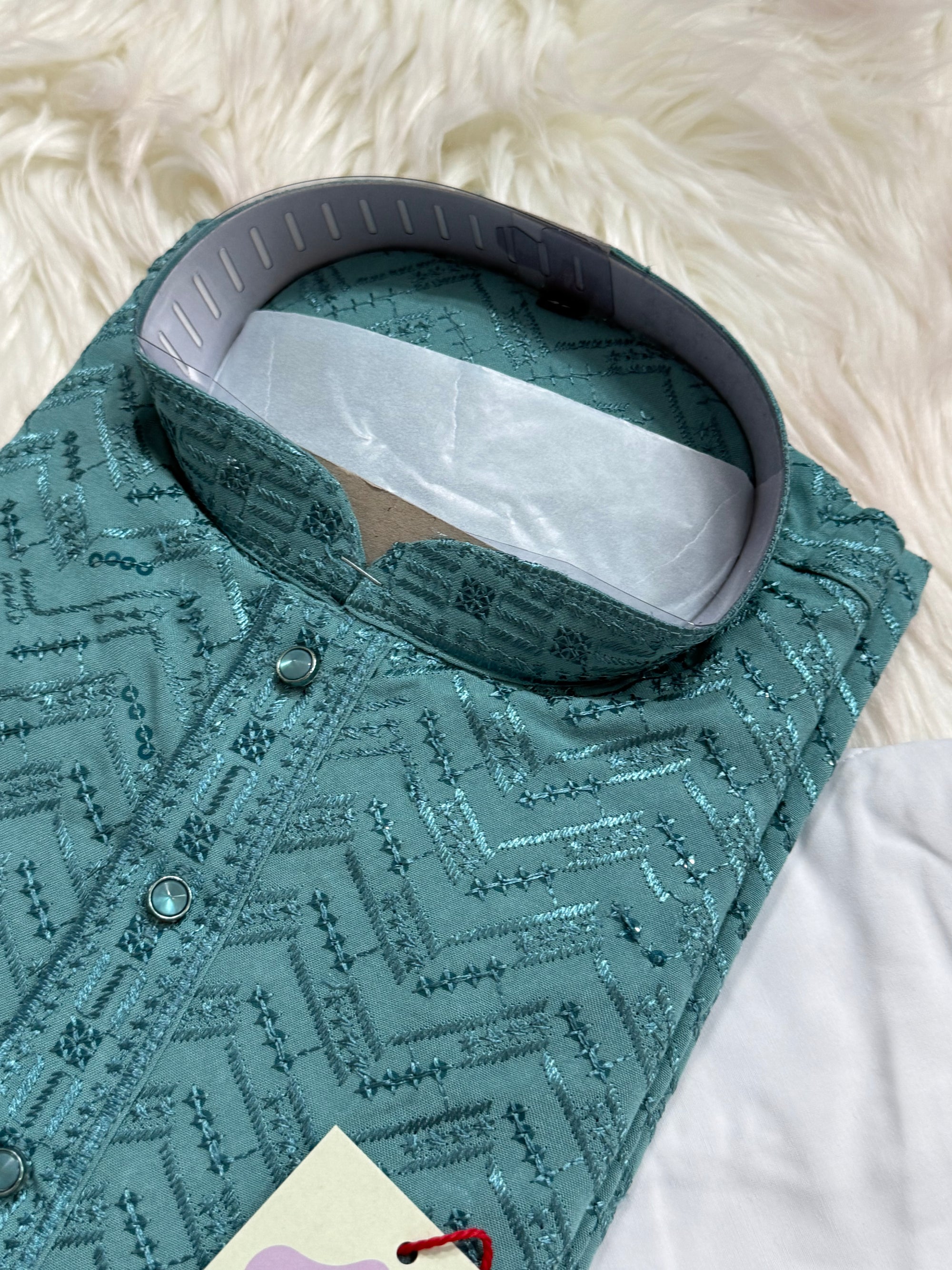 Sequins Work Chikankari Rayon 2 Piece Kurta Pajama Set in Teal Shade for Man, KP - 1804