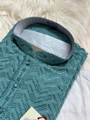 Sequins Work Chikankari Rayon 2 Piece Kurta Pajama Set in Teal Shade for Man, KP - 1804