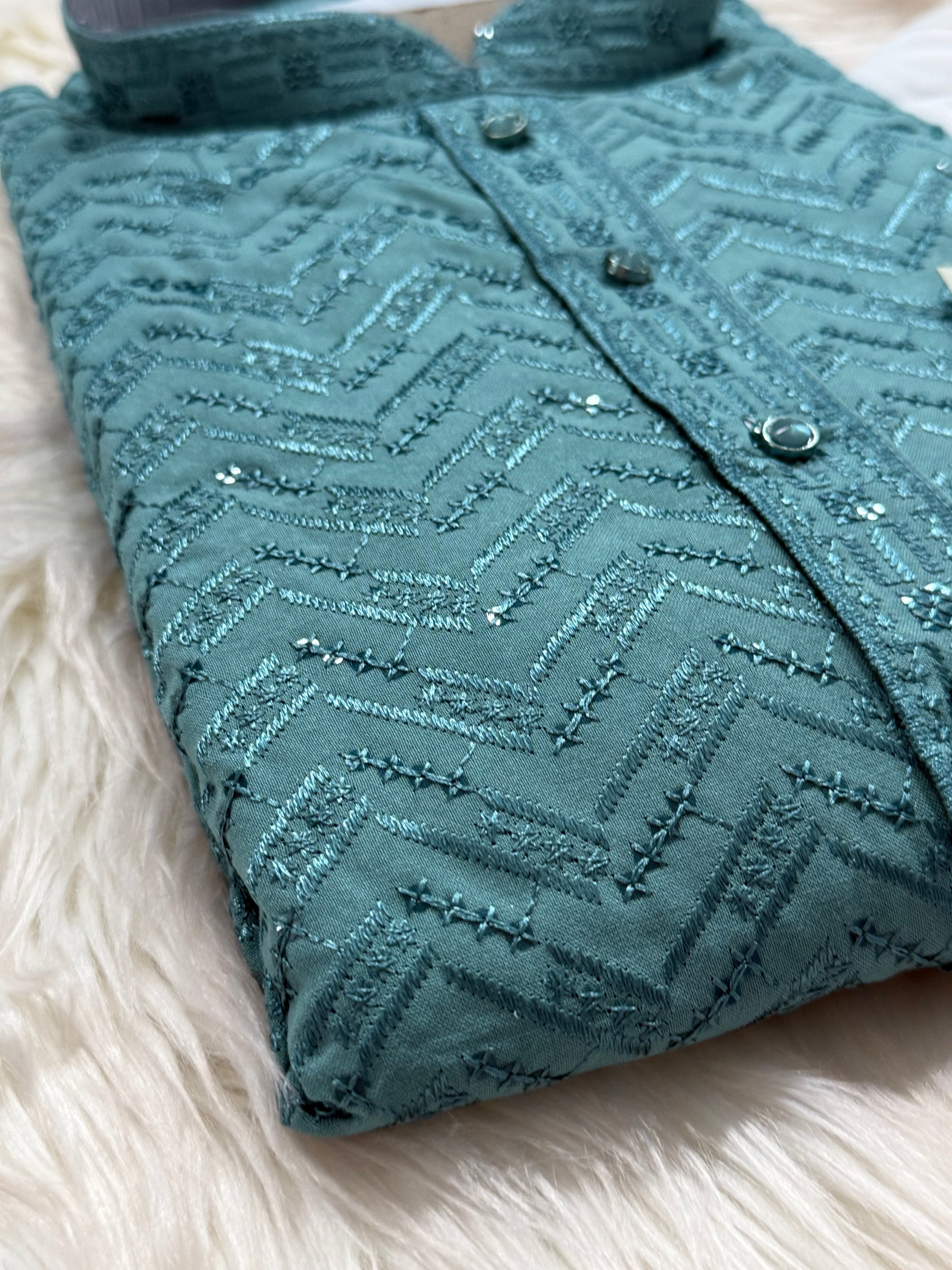 Sequins Work Chikankari Rayon 2 Piece Kurta Pajama Set in Teal Shade for Man, KP - 1804