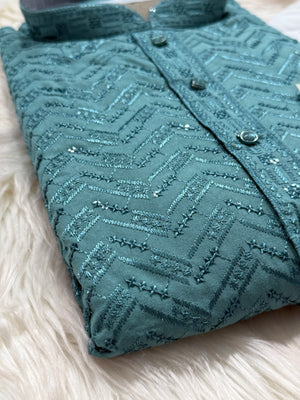 Sequins Work Chikankari Rayon 2 Piece Kurta Pajama Set in Teal Shade for Man, KP - 1804
