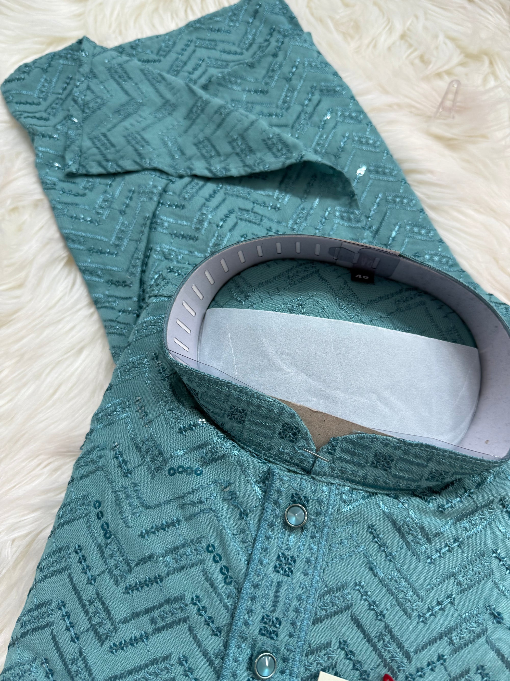 Sequins Work Chikankari Rayon 2 Piece Kurta Pajama Set in Teal Shade for Man, KP - 1804