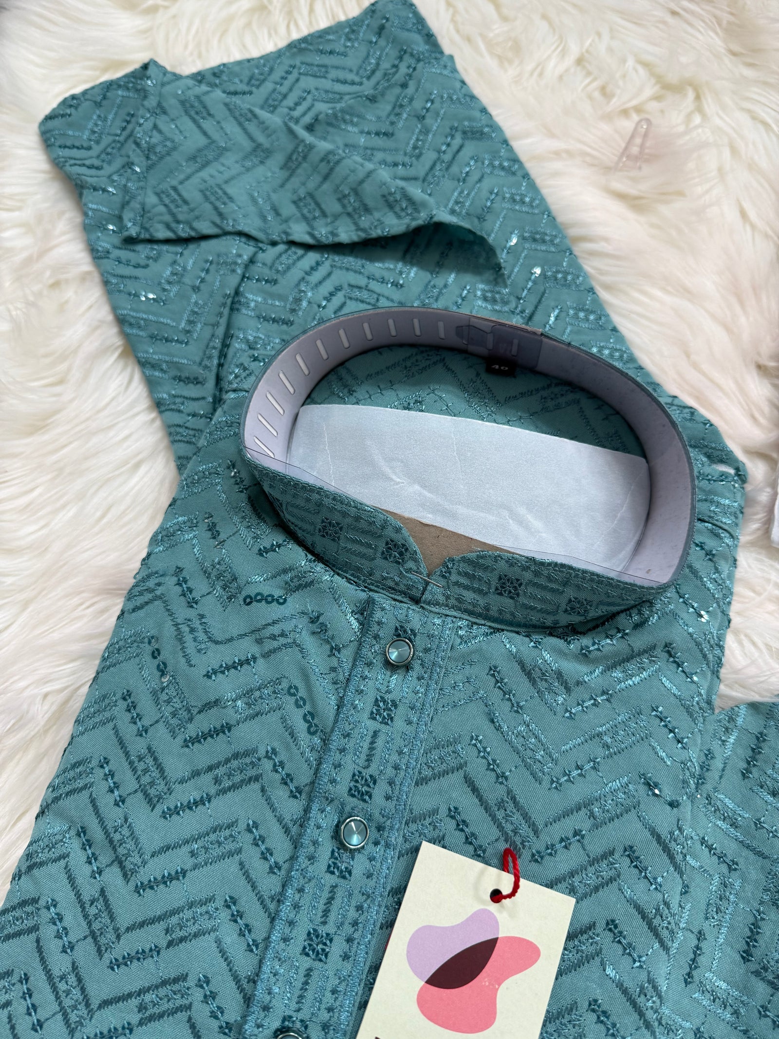 Sequins Work Chikankari Rayon 2 Piece Kurta Pajama Set in Teal Shade for Man, KP - 1804