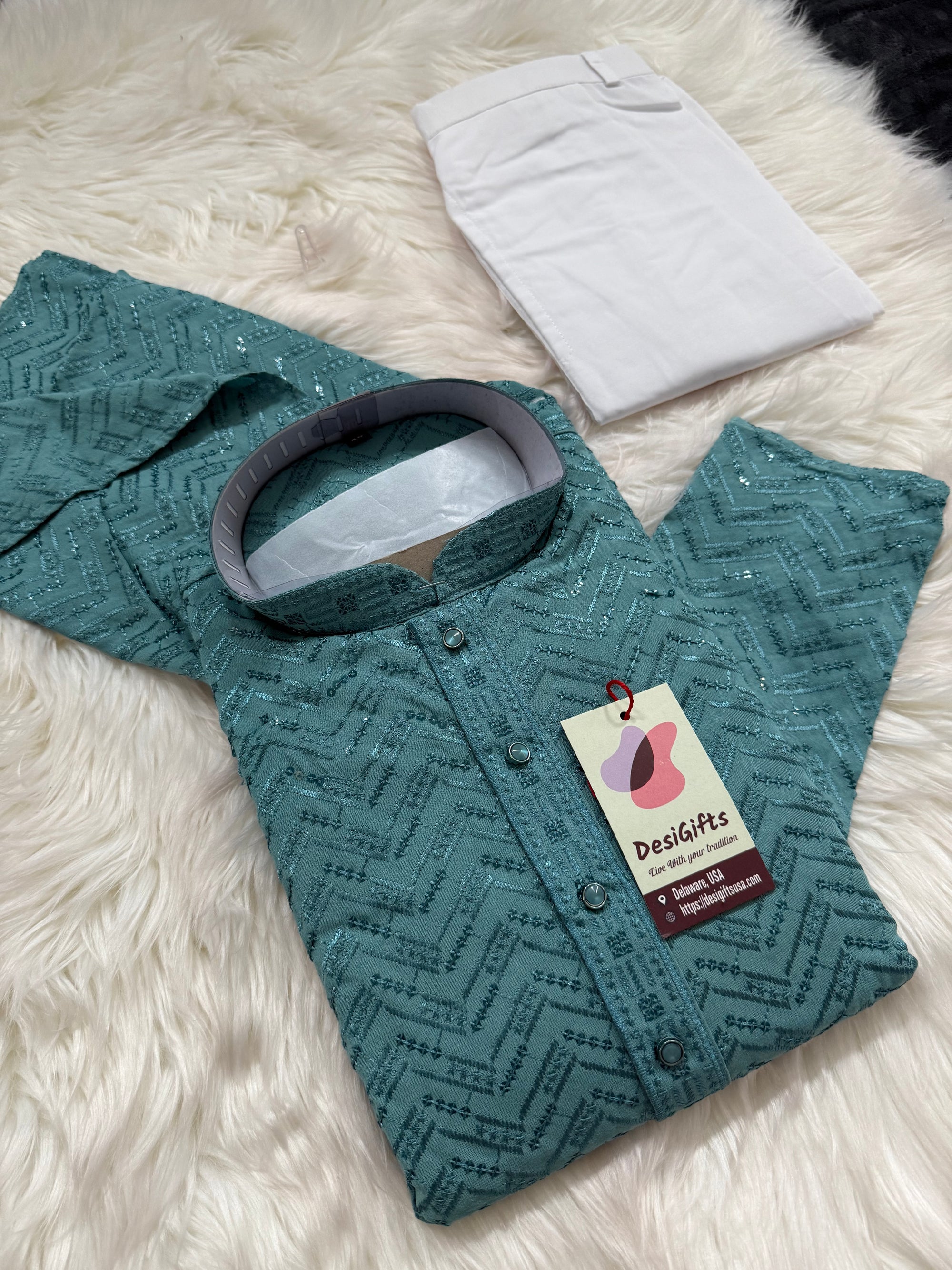 Sequins Work Chikankari Rayon 2 Piece Kurta Pajama Set in Teal Shade for Man, KP - 1804